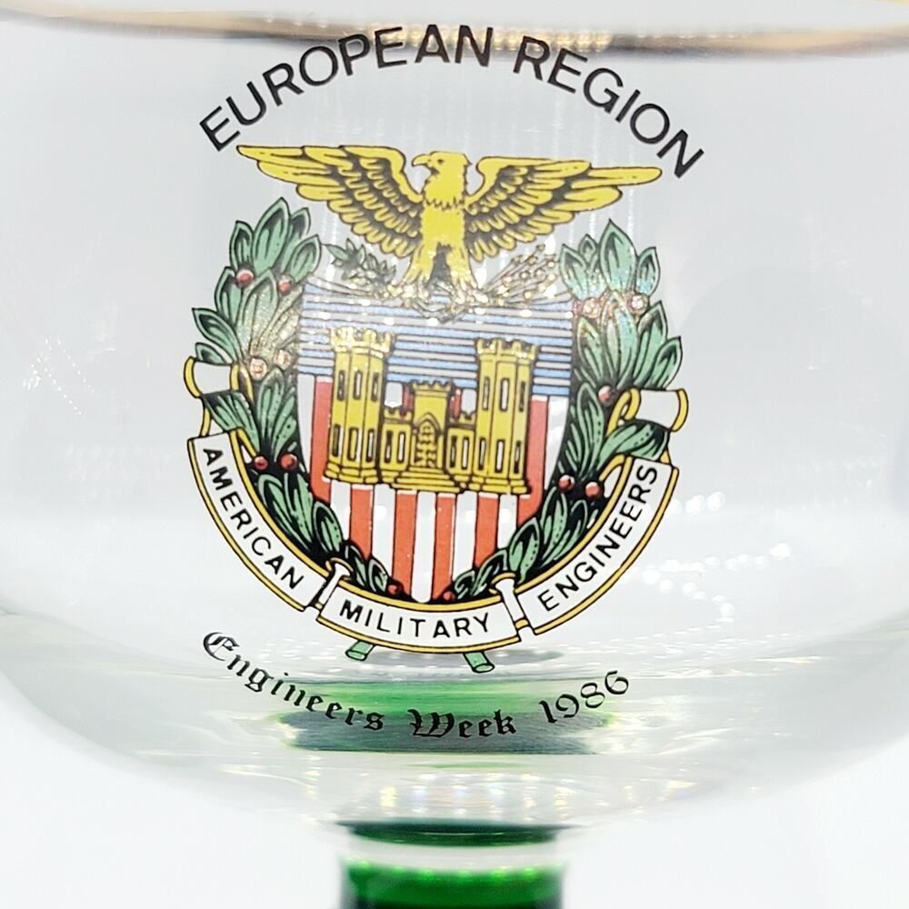 Vtg 2 Wine Glass Goblet Gold Trim Green Swirl Stem Engineers Oberammerg Germany - Picture 2 of 7